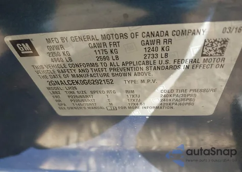 2016 Chevrolet Equinox Lt z USA, uszkodzony, nr VIN 2GNALCEK0G6292152